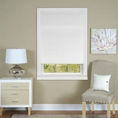 a living room scene with focus on the window blinds and chair in the foreground