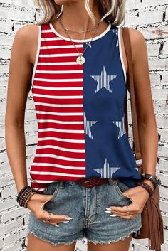 This US Flag Round Neck Tank top is a perfect choice for celebrating the 4th of July. The design features a traditional American flag and the fit is classic and versatile. The fabric is opaque and does not have stretch, giving it a simple yet sophisticated look.  Material composition: 95% polyester, 5% elastane  Care instructions: Machine wash cold. Tumble dry low.  Imported Usa Tank Top, Usa Tank, American Pride, Red Stripe, Tank Top Cami, Usa Flag, Top Casual, Round Neck, Lounge Wear