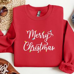 Merry Christmas Lights Holiday Christmas Sweater Crewneck Red Unisex Sizes Nwt Red Winter Top As Gift, Red Christmas Top For Gift, Red Christmas Tops As Gift, Red Christmas Top As Gift, Blue Cable Knit Sweater, Sheer Sweater, Fluffy Sweater, Asymmetrical Sweater, Large Sweaters