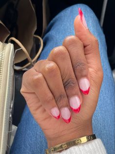 French tips, red French tips, red nails, nails, nail designs, Classy nails, minimalist nails, clean nails, nail inspo Red Nails Pattern, White Nail With Red Tip, Pink Red Tip Nails, White French Tip Nails With Red Design, Red Nail Simple Design, Red Nail Ideas For Prom, Natural Nails French Tip Color, Christmas Aesthetic Nails Short, Red Tip Dip Nails