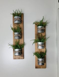 two metal cans with plants on them are mounted to the wall