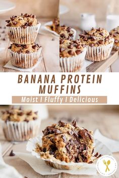 banana protein muffins with chocolate chips on top and the words, most fluffy i delicious