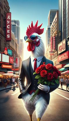 a rooster in a suit and tie holding flowers