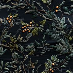 a black background with oranges and green leaves