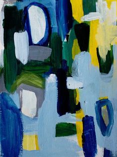 an abstract painting with blue, yellow and green colors