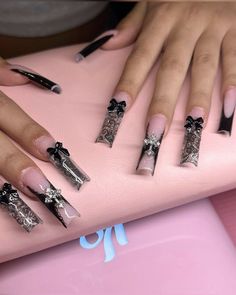 #lacenails #blacknails #gothic #nails #nailsofinstagram #nailstagram #longnails #bownails #cross #halloween #lace #aesthetic #grunge #blacklace Xavier Wulf Nails, Black Lace Acrylic Nails, Pink And Black Lace Nails, Lace Nails Black, Misa Amane Nails, Lace Acrylic Nails, Black Lace Nails Designs, Pink Cross Nails