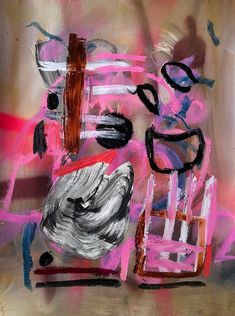 an abstract painting with pink, black and white colors