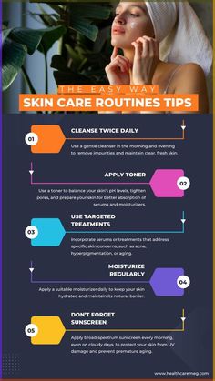 Skin Care Routine Tips
Cleanse Twice Daily
Use a gentle cleanser in the morning and evening to remove impurities and maintain clear, fresh skin.


Skin Care Routine Tips
Apply Toner
Use a toner to balance your skin’s pH levels, tighten pores, and prepare your skin for better absorption of serums and moisturizers.
Moisturize Regularly
Apply a suitable moisturizer daily to keep your skin hydrated and maintain its natural barrier.

Don’t Forget Sunscreen
Apply broad-spectrum sunscreen every morning, even on cloudy days, to protect your skin from UV damage and prevent premature aging.

#SkinCareRoutine #BeautyTips #HealthySkin #Cleansing #Moisturizing #SunProtection #SkinCareTips #DailyRoutine Skin Care Routine Tips, Routine Tips, Ph Levels, Fresh Skin, Cruelty Free Skin Care, Tighten Pores, Skincare Tools