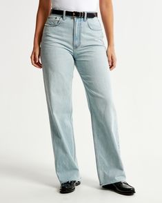 Elevate your denim collection with the Abercrombie & Fitch Women's Curve Love High Rise Loose Jean. Designed to flatter and fit perfectly, these jeans are a modern nod to early 2000s fashion, featuring a light wash and trendy raw hem.

- Size: 26 LONG
- Color: Light with Raw Hem
- Material: Cotton, TENCEL™ Lyocell
- Gender: Female
- Features: 10.5” high rise, relaxed waist and hips, loose full-length leg, lightweight rigid denim

These jeans are crafted with a unique Curve Love fit, offering ext Summer Washed Blue Rigid Denim Flare Jeans, Everyday Light Wash Flare Jeans With Frayed Hem, Everyday Light Wash Relaxed Fit Flare Jeans, Spring Light Wash Straight Flare Jeans, Light Wash Full-length Summer Jeans, Light Wash Full-length Jeans For Summer, Light Wash Full Length Jeans For Summer, Light Wash Relaxed Fit Flare Jeans In Cotton, Light Wash Relaxed Fit Cotton Flare Jeans