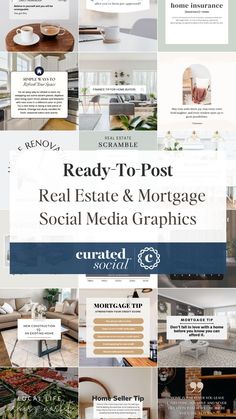 A collection of real estate and mortgage-related social media graphics. Highlights include a coffee mug next to a "Daily Reminder", a definition of home insurance, a bright room with tips on refreshing space, a search bar labeled "Finance Tip For Home Buyers", a description of a "Real Estate Scramble" with mixed words, and a large central label reading "Ready-To-Post Real Estate & Mortgage Social Media Graphics". Mortgage Social Media, Real Estate Social Media Content, Question Prompts, Mortgage Marketing, Social Media Games, Time Saver, Social Media Channels, Home Insurance