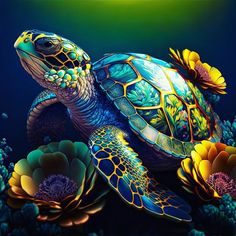 a painting of a turtle swimming in the ocean with flowers on it's back