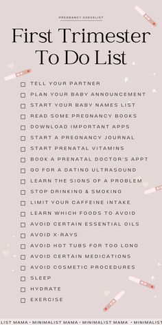 the first trimester to do list with pink and white confetti on it