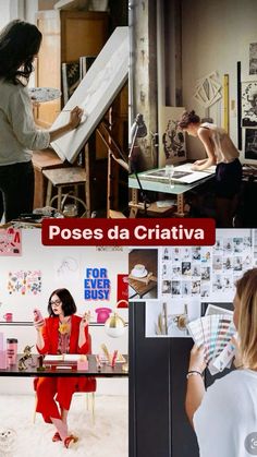 a collage of photos with women working on art work in different stages of development