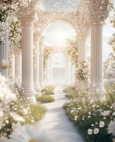 an archway in the middle of a garden filled with white flowers