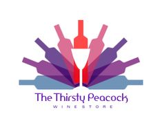 the thirsty peacock wine store logo with colorful shapes and bottles in front of it on a white background