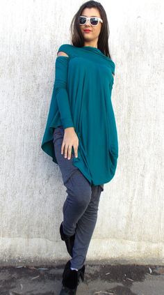 Flared Teal Viscose Tunic / Plus Size Asymmetrical Flared by Teyxo Casual Stretch Tunic For Fall, Casual Fall Tunic, Green V-neck Tunic For Fall, Fall V-neck Lagenlook Tops, Casual Fitted Tunic With Asymmetrical Hem, Asymmetrical Lagenlook Tunic For Layering, Fitted High-low Hem Tops For Fall, Oversized Asymmetrical Tunic For Fall, Lagenlook Asymmetrical Tunic For Layering