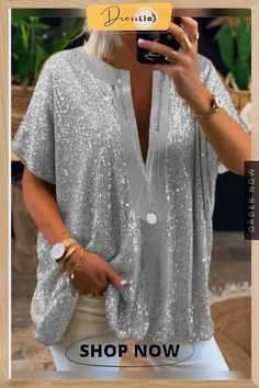 Deep V Neck Loose Sequins Shirt Loose Dress Pattern, Sequin Sleeve, Party Kleidung, Style Party, Loose Fitting Tops, Loose Tops, Pullover Shirt, Knit Outfit, Shoulder Length