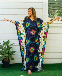 "Measurement and detail: 👉Fabric: 100% Breathable and Comfy Rayon 👉Special Feature:  Adjustable rope around the waist to tighten the kaftan 👉Size: One Size Fits Most (M-3XL) Extremely comfy  👉Boho/Hippie /Hawaiian/Beach/Tropical Theme 👉Length of Dress: 55\" 👉Width of Dress: 45\" 👉Bust 60\"-90\" 👉The back is identical to front pattern 👉Great for wearing while doing arts, crafts, relaxing at your home or feeling tropical vibes. ------------------------------------------- 🌸Care Instructio Bohemian Flowy V-neck Swimwear, Bohemian Style Sarong With Tropical Print For Beach Cover-up, Tropical V-neck Beach Dress For Festival, Bohemian Tropical Print Sarong For Beach Cover-up, Multicolor Printed Boho Beach Dress, Multicolor Printed Boho Dress For Beach, Bohemian Tropical Print Sarong For Beach Party, Multicolor Flowy Boho Dress For Vacation, Flowy Multicolor Boho Dress For Vacation