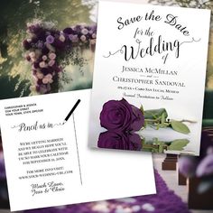 wedding stationery with purple flowers and greenery