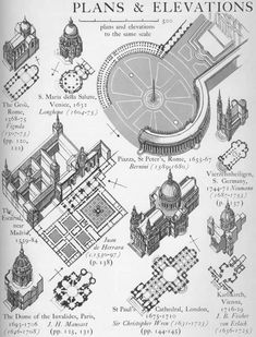 the plans and elevations of an old building with many different architectural details on it