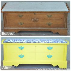 an old dresser has been painted yellow with blue and white flowers on the top, and bottom