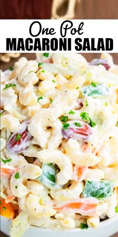 macaroni salad in a white bowl on a wooden table with text overlay