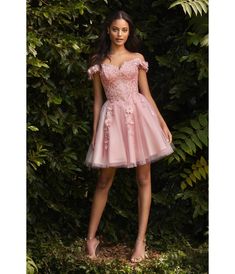 Blush Beaded & Floral Applique Off The Shoulder Cocktail Dress - Unique Vintage - Womens, DRESSES, PROM AND SPECIAL OCCASION Dress For Graduation Day, Off Shoulder Tulle Dress, Tulle Short Dress, Floral Homecoming Dresses, Mini Gown, Cocktail Prom Dress, Evening Gala, Dama Dresses, Cinderella Divine