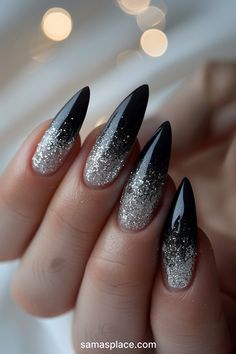 New Year Nails 2025 Black, Almond Nails Black And Silver, New Year’s Eve Black And Silver Nails, Fourth Wing Nails Designs, Stiletto Nails Cat Eye, Black And Silver Sparkle Nails, Disco Inspired Nails, Goth Gel Nails Short, Almond Nails Designs Glitter