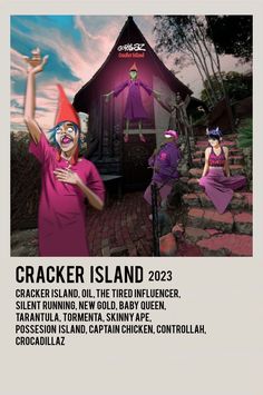 the poster for cracker island 2012 shows two clowns dressed in pink and purple