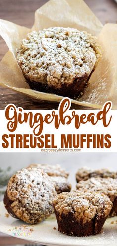 a close up of a muffin on a plate with the words gingerbread streusel muffins