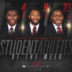 three men in suits and ties are standing together for the student athletes of the week poster