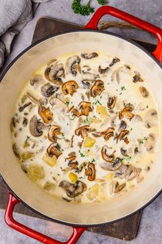 a skillet filled with cheese and mushrooms