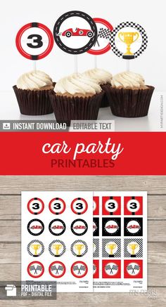 cupcake toppers with the number three on them and an image of a race car