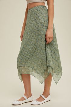 + Floral Midi Skirt + Handkerchief Style + Flowy Fit + Elasticated Back + Side Zip Closure + Lined - 100% Polyester + 100% Polyester Spring Daywear Wrap Skirt, Green Skirt For Summer Daywear, Spring Skirt With Handkerchief Hem, Summer Flowy Handkerchief Hem Skirt, Spring Relaxed Handkerchief Hem Skirt, Green Asymmetrical Hem Skirt For Summer, Spring Flowy Handkerchief Hem Skirt, Handkerchief Hem Skirt For Spring Beach Outings, Green Asymmetrical Hem Skirt For Spring