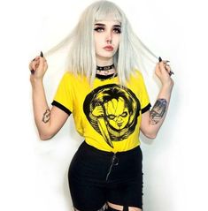 Put a unique twist on your wardrobe with this gothic chucky and bride print short sleeve women's tee. get a one-of-a-kind look with this stylish and eye-catching design. Winter Bottoms, Bride Tee, Bride Of Chucky, Plaid Pullover, Style Rock, Yellow T Shirt, Short Sleeve Pattern, Trendy Shorts, Summer Blouses