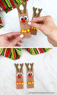 handmade paper reindeers are being held up by two hands and decorated with candy