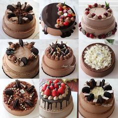 many different types of cakes with chocolate frosting and toppings on each cake plate