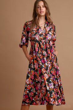 Umgee Black Satin Floral Midi Dress Casual Tunic Dress, Evening Style, Umgee Dress, Ruffled Collar, Love Clothing, Neck Ties, Long Sleeve Floral Dress, Puffed Sleeves Dress, Date Outfits