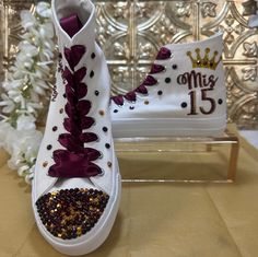 Customized Quince shoes, Personalized sneakers for the Quinceañera. Dance all nigh long with these elegant custom made sneakers. Personalization is included: Quinceañera name Date of event on the back of the shoes Miss 15 Rhinestones  Please feel free to ask us for any change or different combination of colors. We will be happy to create them for you. 🚨 Instructions 🛑 Do not wash with hot water 🛑 Do not expose shoes to high steam temperatures. 👉 hit causes the adhesive to come off 🧊 Wash with cold water and carefully Purple Round Toe Party Sneakers, Custom Quince Shoes, Quince Sneakers, Quince Shoes, Quinceanera Shoes, Personalized Sneakers, Sweet 15, Blue Party, Sneakers Athletic