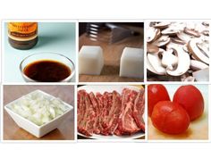 several different foods are shown in pictures including mushrooms, tomatoes, meat and sauces