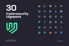 the 30 cybersecuity logo pack is shown in different colors and shapes, including black