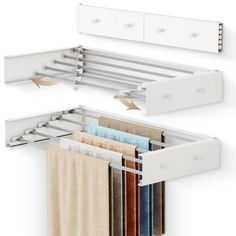 an open drawer with towels hanging from it's sides and the bottom section closed