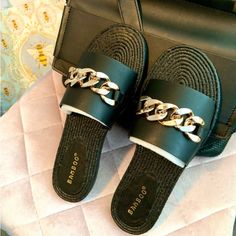 Lightweight Sandal/Slide/Glamflop. Very Soft Vegan Leather With Stylish Chain. Purchased From A Boutique In West Palm Beach. Note: These Slides Fit Small. Size Label Says 8 But They Ran A Bit Short For My Sz 8 Foot. Casual Sandals With Chain Strap And Round Toe, Trendy Gold Slides For The Beach, Trendy Beach Sandals With Chain Detail, Open Toe Chain Sandals For Beach, Chain Open Toe Sandals For The Beach, Chain Beach Sandals With Open Toe, Chain Detail Open Toe Sandals For The Beach, Casual Black Sandals With Chain Strap, Black Open Toe Sandals With Chain