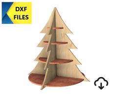 a wooden christmas tree shelf is shown with the dxf files below it