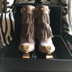 Nwt Gianmarco Lorenzi Taupe Suede Gold Studded Fringe Platform Bootie With Gold Plated Toe Accents And 5 3/4” Gold Plated Spiked Heel With 1 1/2” Gold Plated Platform Note: Satin Shoebox Not Included Luxury Formal Boots With Metal Feet, Elegant Leather Heels With Tassels, Luxury Closed Toe Boots For Galas, Designer Closed Toe Heeled Boots, Luxury Suede Ankle Boot Heels, Luxury Suede Closed Toe Boots, Gianmarco Lorenzi Shoes, Gianmarco Lorenzi, Short Fringe