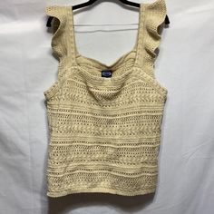 This Tan Crochet Tank Top Has Flutter Sleeves And Is Simply Adorable. Casual Spring Crochet Top With Ruffles, Spring Knit Crochet Top With Ruffles, Spring Crochet Knit Top With Ruffles, Casual Summer Crochet Top With Ruffles, Casual Fitted Crochet Top With Ruffles, Fitted Casual Crochet Top With Ruffles, Tan Crochet, Crochet Tank Top, Crochet Tank