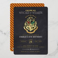 a harry potter birthday party card on a marble surface with the hogwarts crest