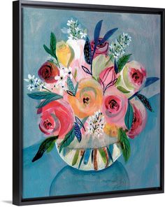 a painting of flowers in a vase on a blue background