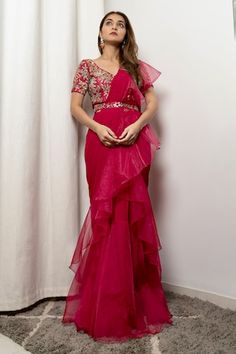 Red pink pre-draped ruffled saree in georgette base. Paired with a floral thread, bead, pearl, zari and cutdana embroidered padded blouse and embellished belt. - Aza Fashions Ruffled Saree, Ruffle Sarees, Ruffle Saree, Embellished Belt, Padded Blouse, Drape Saree, Red Thread, Red Saree, Set Women