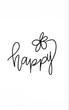 the word happy written in black ink with a flower on it's center and an outline